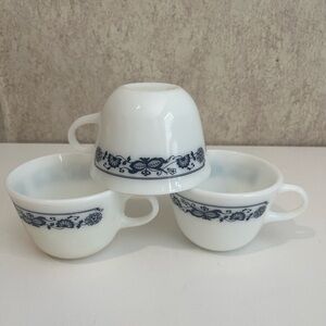 Vintage Pyrex Milk Glass Old Town Blue Onion and White Floral Teacup Set of 3